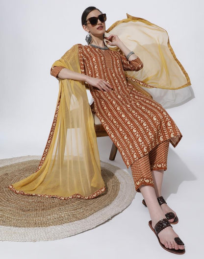 Brown Printed,Led Kurta With Pant And Dupatta