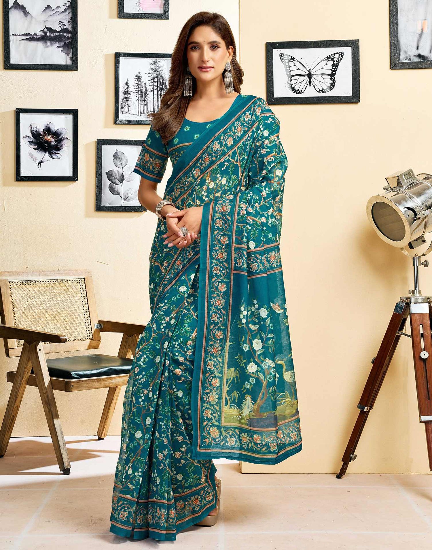Ready To Wear Teal Blue Linen Printed Saree