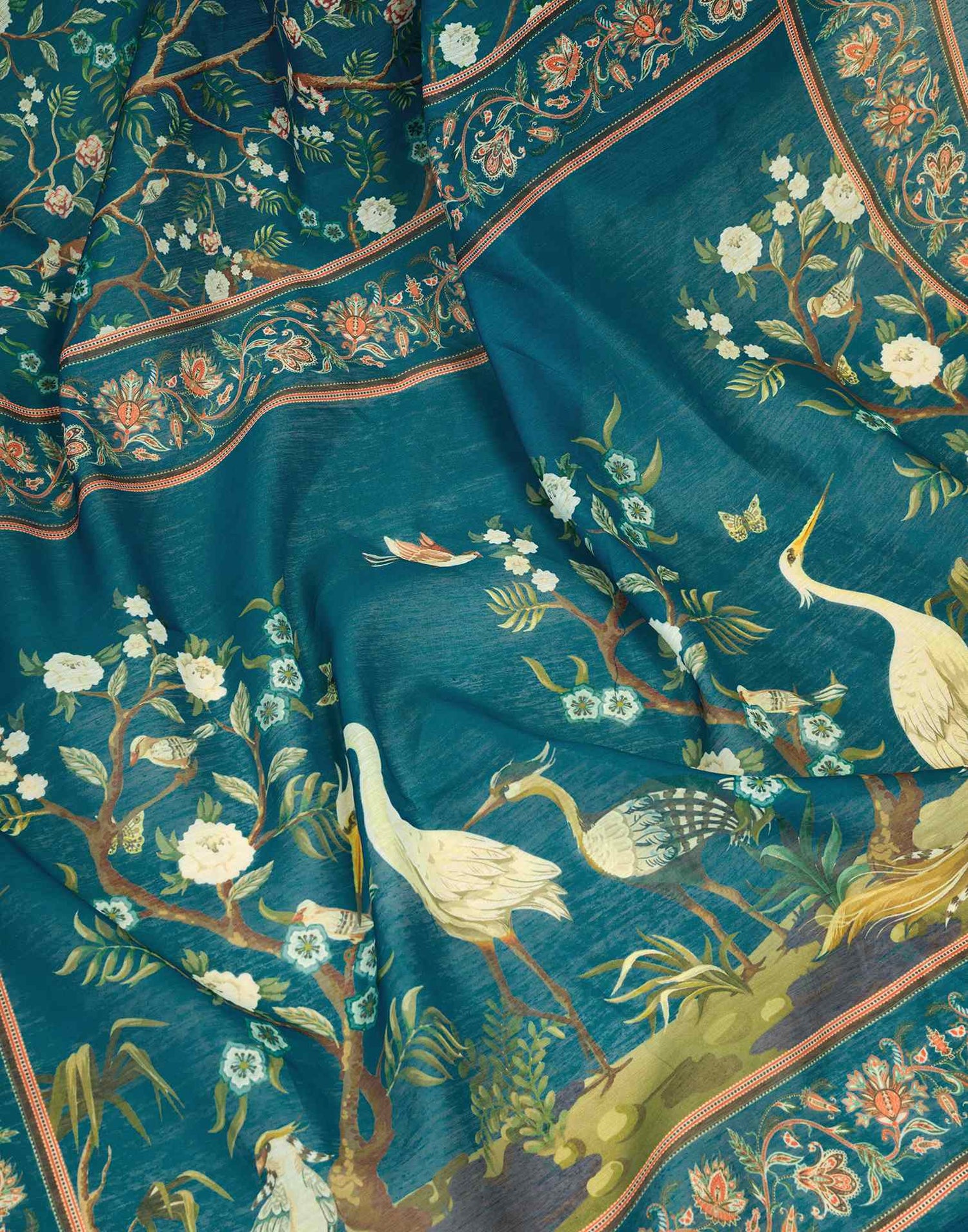 Ready To Wear Teal Blue Linen Printed Saree