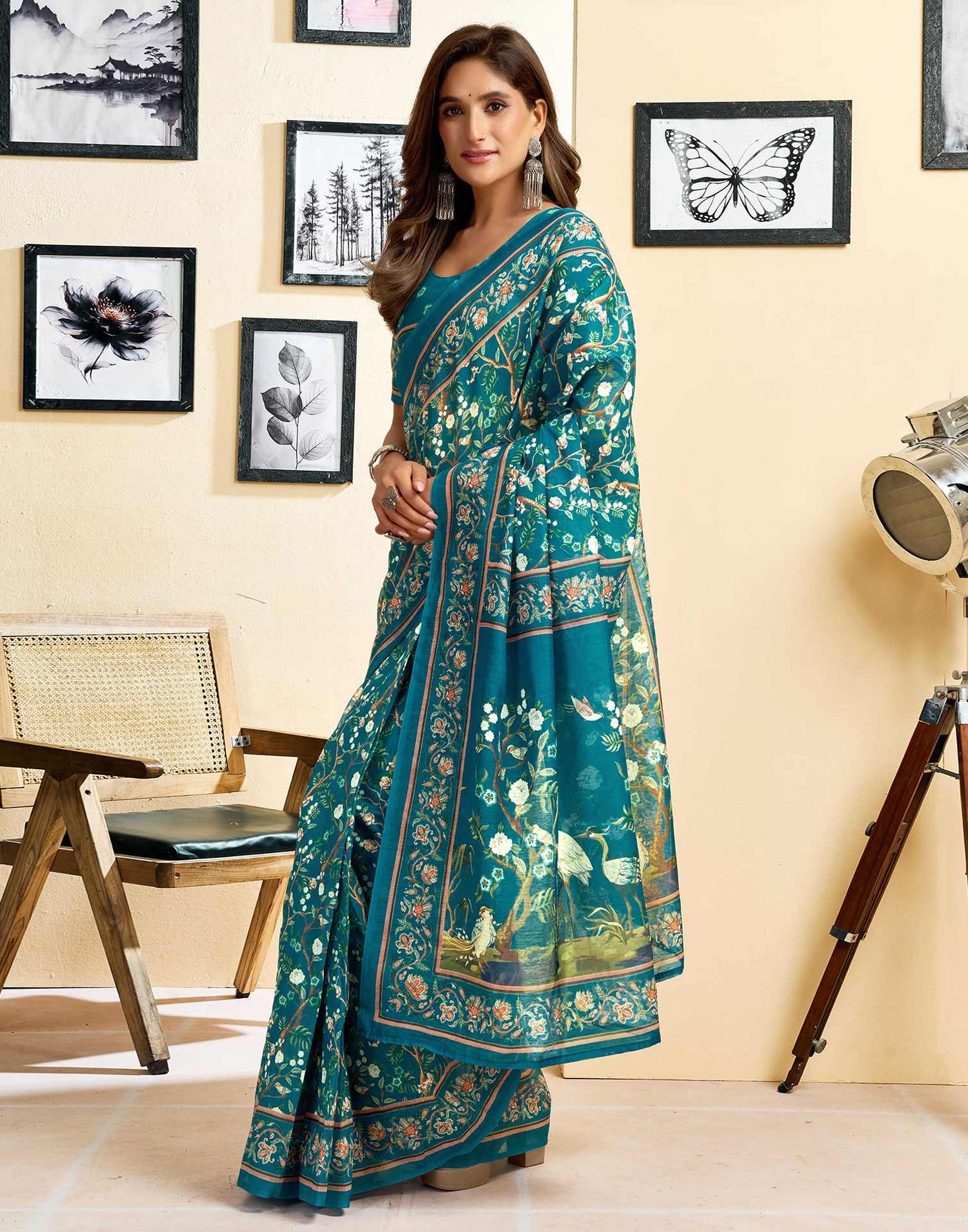 Ready To Wear Teal Blue Linen Printed Saree