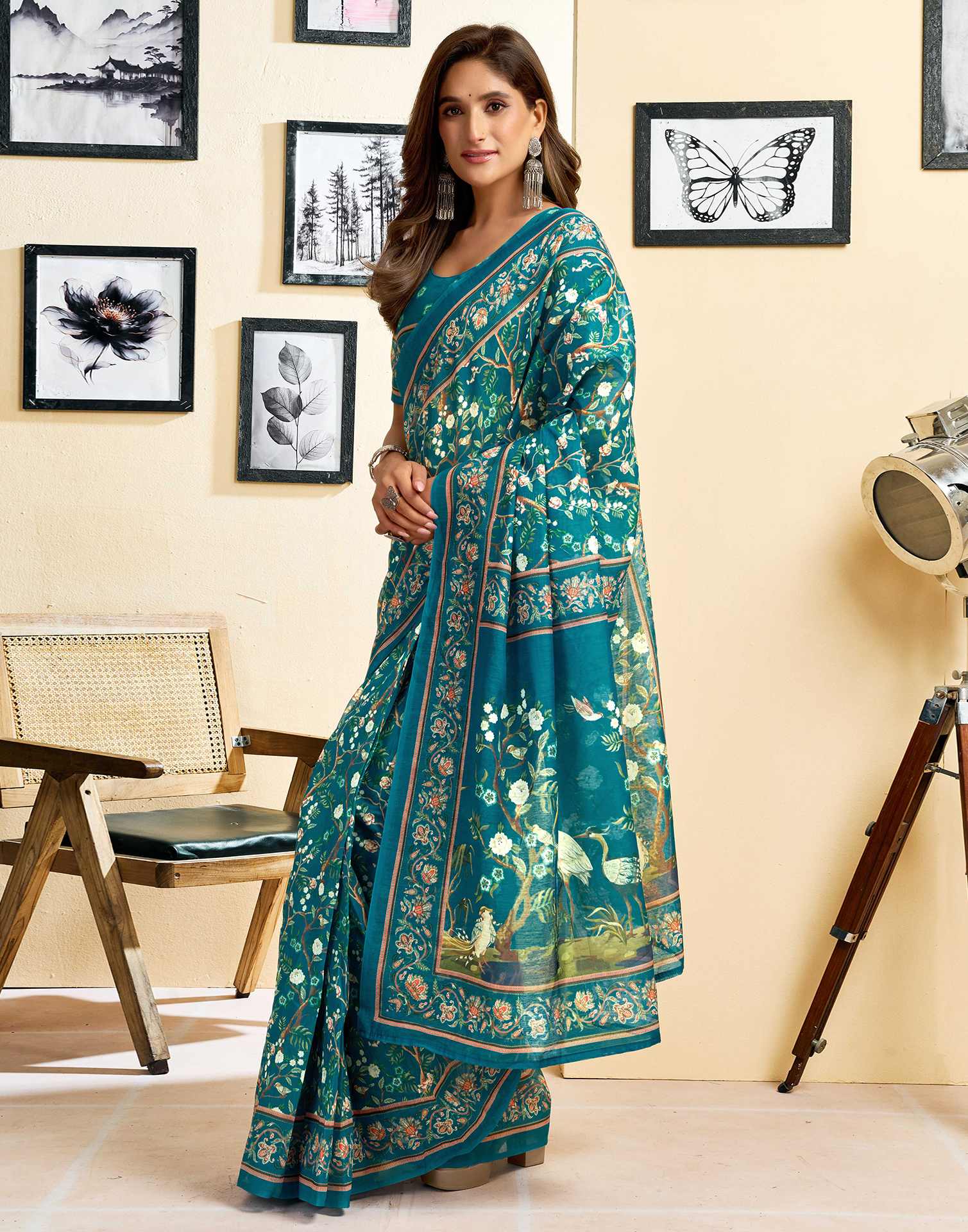 Ready To Wear Teal Blue Linen Printed Saree