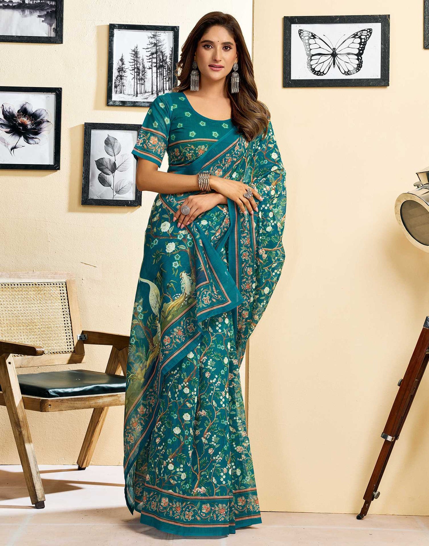 Ready To Wear Teal Blue Linen Printed Saree