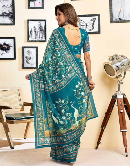 Ready To Wear Teal Blue Linen Printed Saree