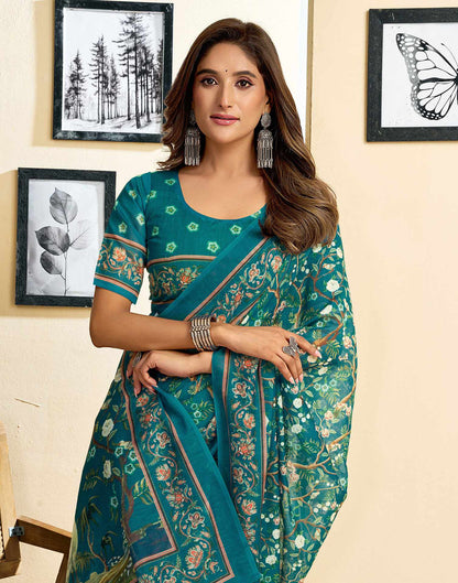 Ready To Wear Teal Blue Linen Printed Saree