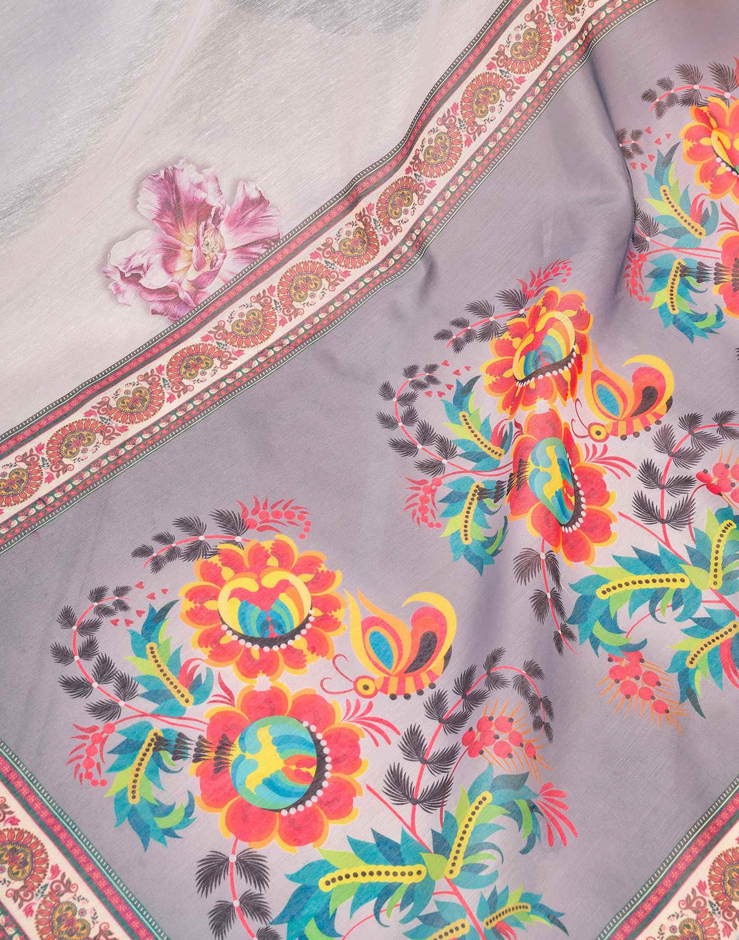 Ready To Wear Off White Linen Floral Printed Saree