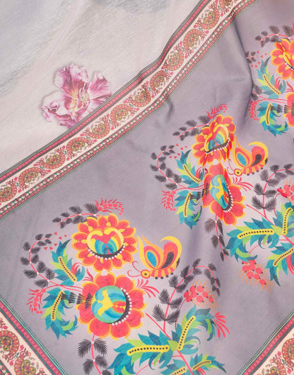 Ready To Wear Off White Linen Floral Printed Saree