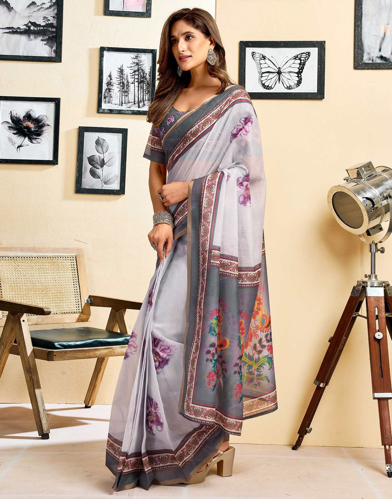 Ready To Wear Off White Linen Floral Printed Saree
