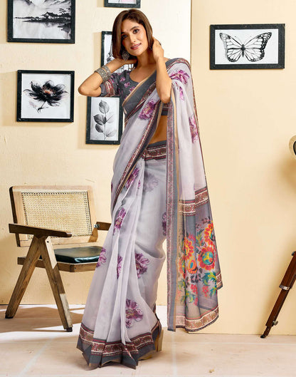 Ready To Wear Off White Linen Floral Printed Saree