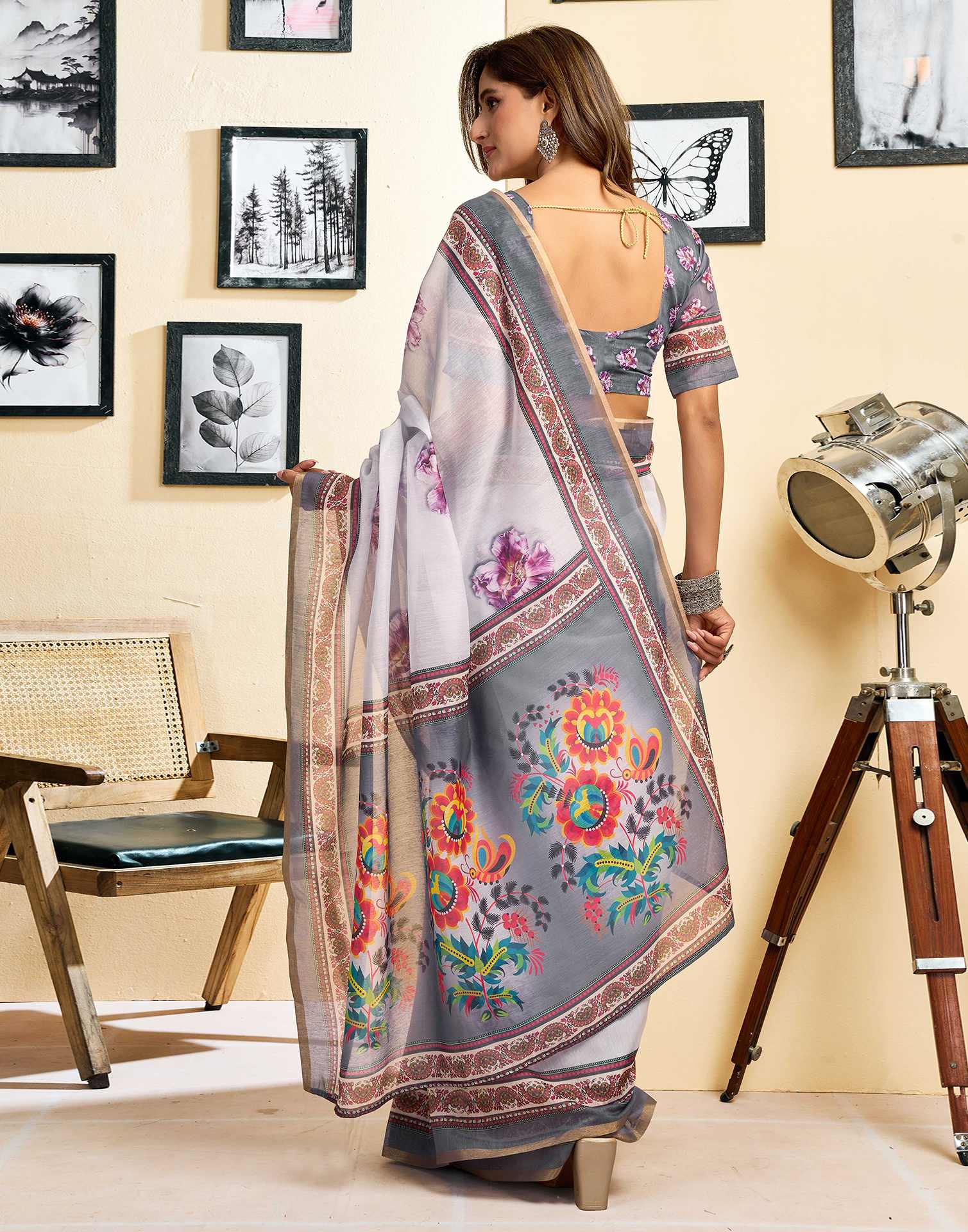Ready To Wear Off White Linen Floral Printed Saree