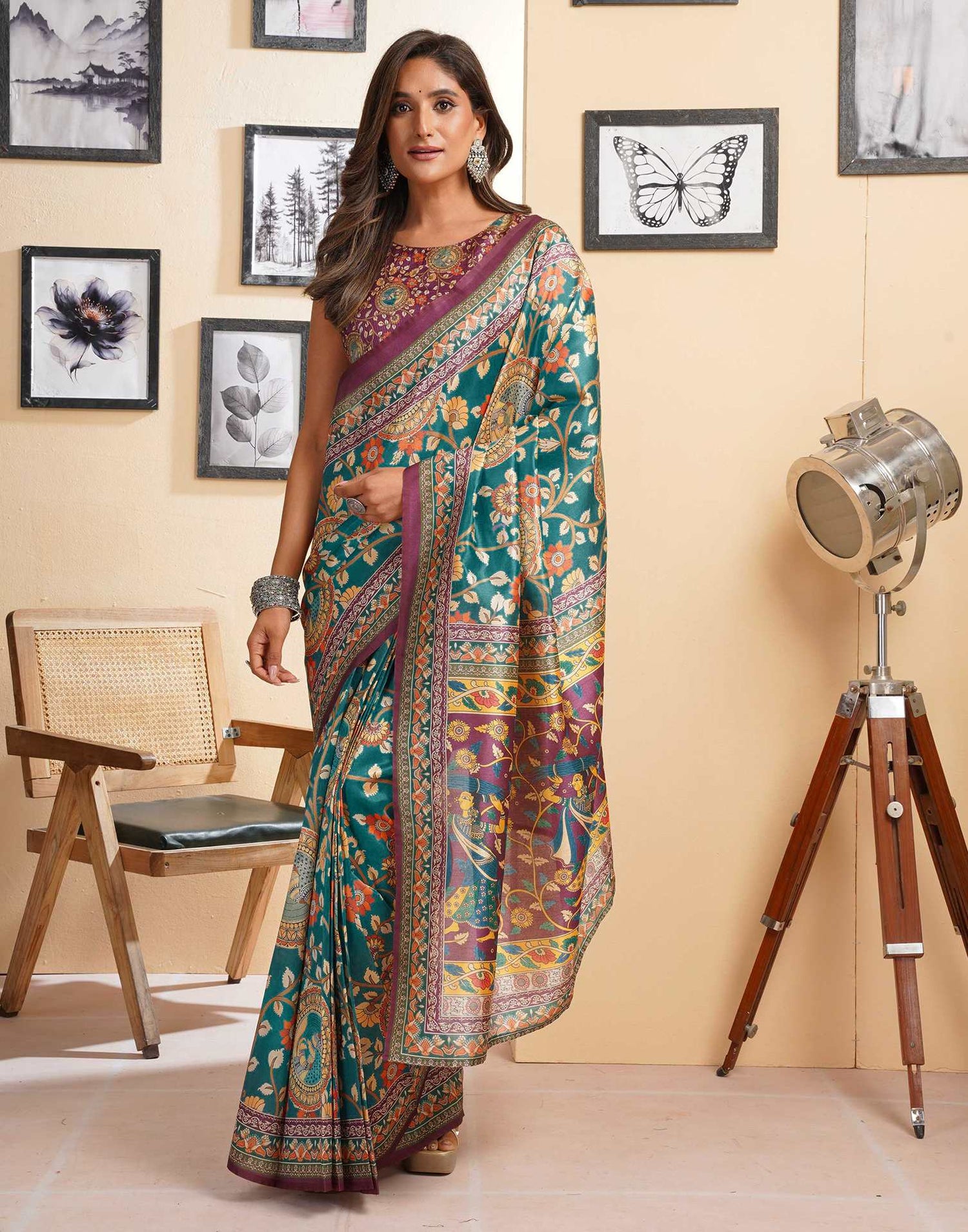 Ready To Wear Teal Blue Silk Floral Printed Saree