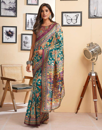 Ready To Wear Teal Blue Silk Floral Printed Saree