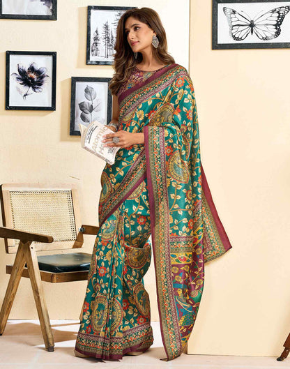 Ready To Wear Teal Blue Silk Floral Printed Saree