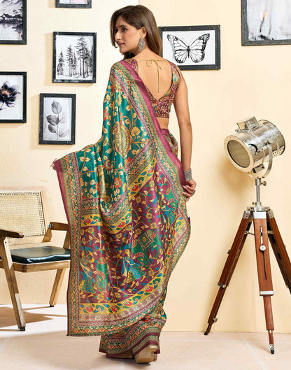 Ready To Wear Teal Blue Silk Floral Printed Saree