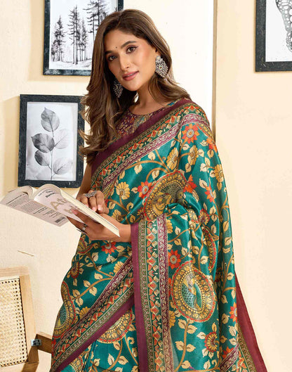 Ready To Wear Teal Blue Silk Floral Printed Saree