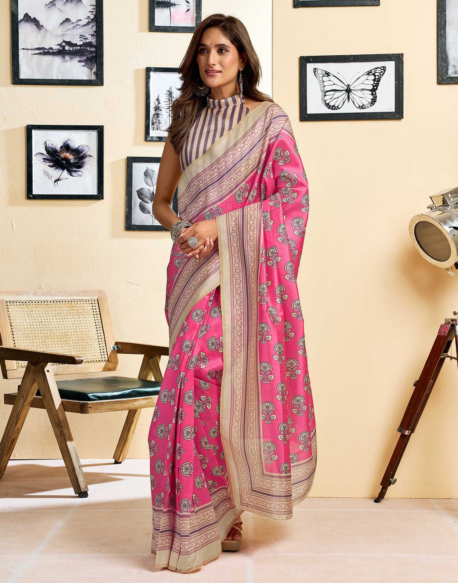 Ready To Wear Pink Silk Printed Saree