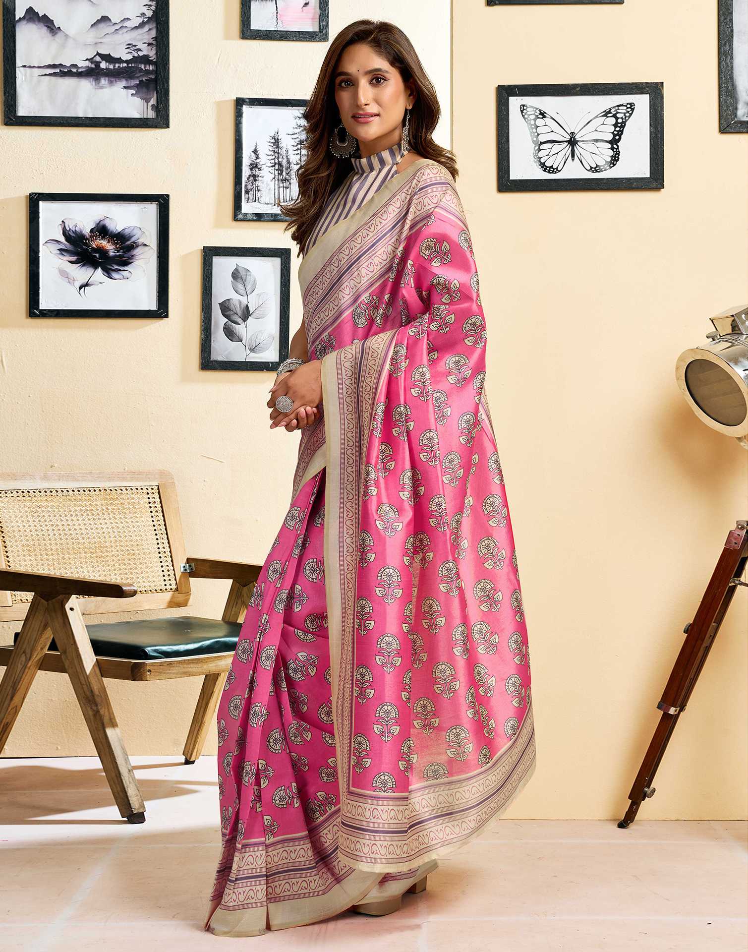 Ready To Wear Pink Silk Printed Saree