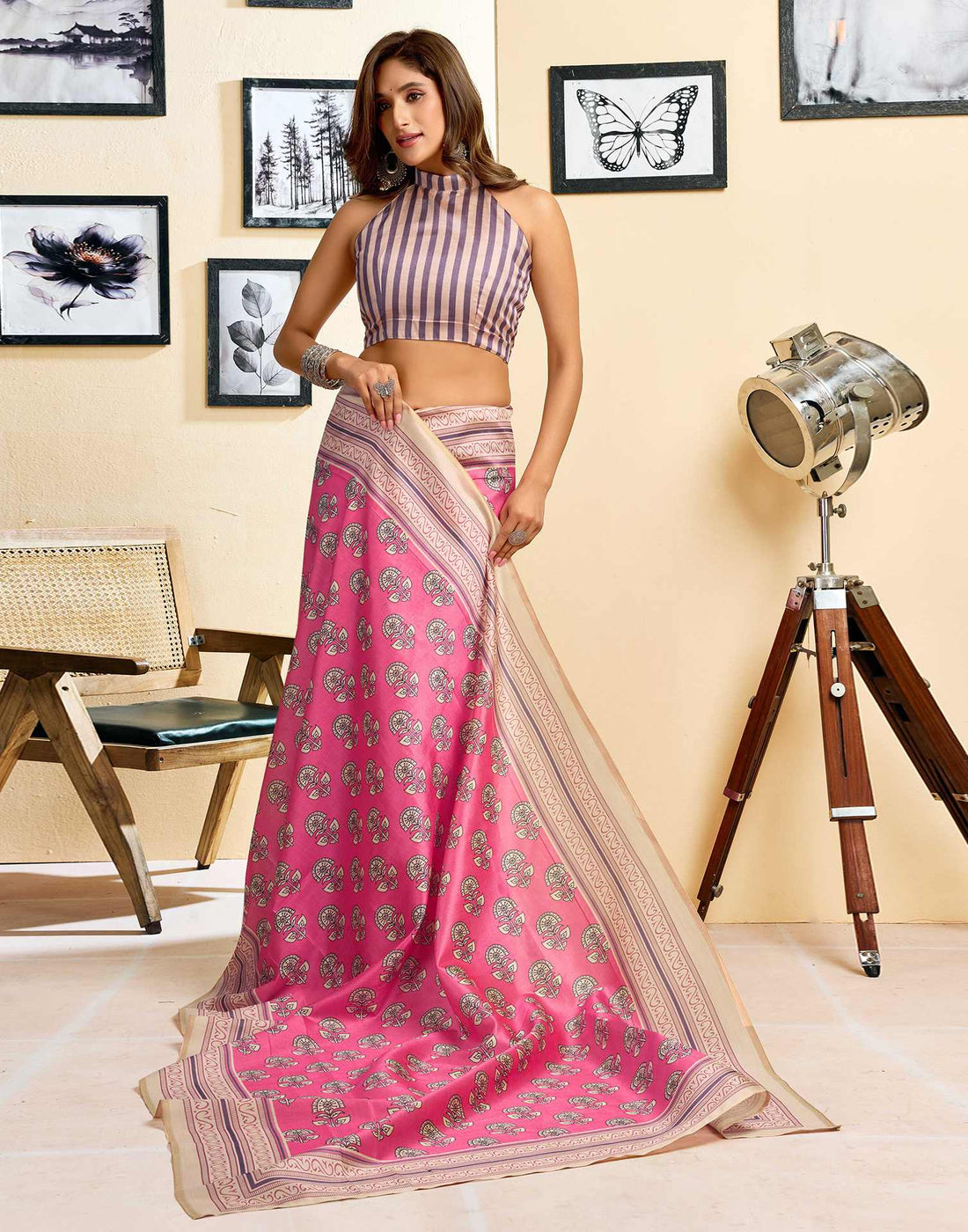 Ready To Wear Pink Silk Printed Saree