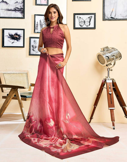Ready To Wear Coral Pink Silk Printed Saree