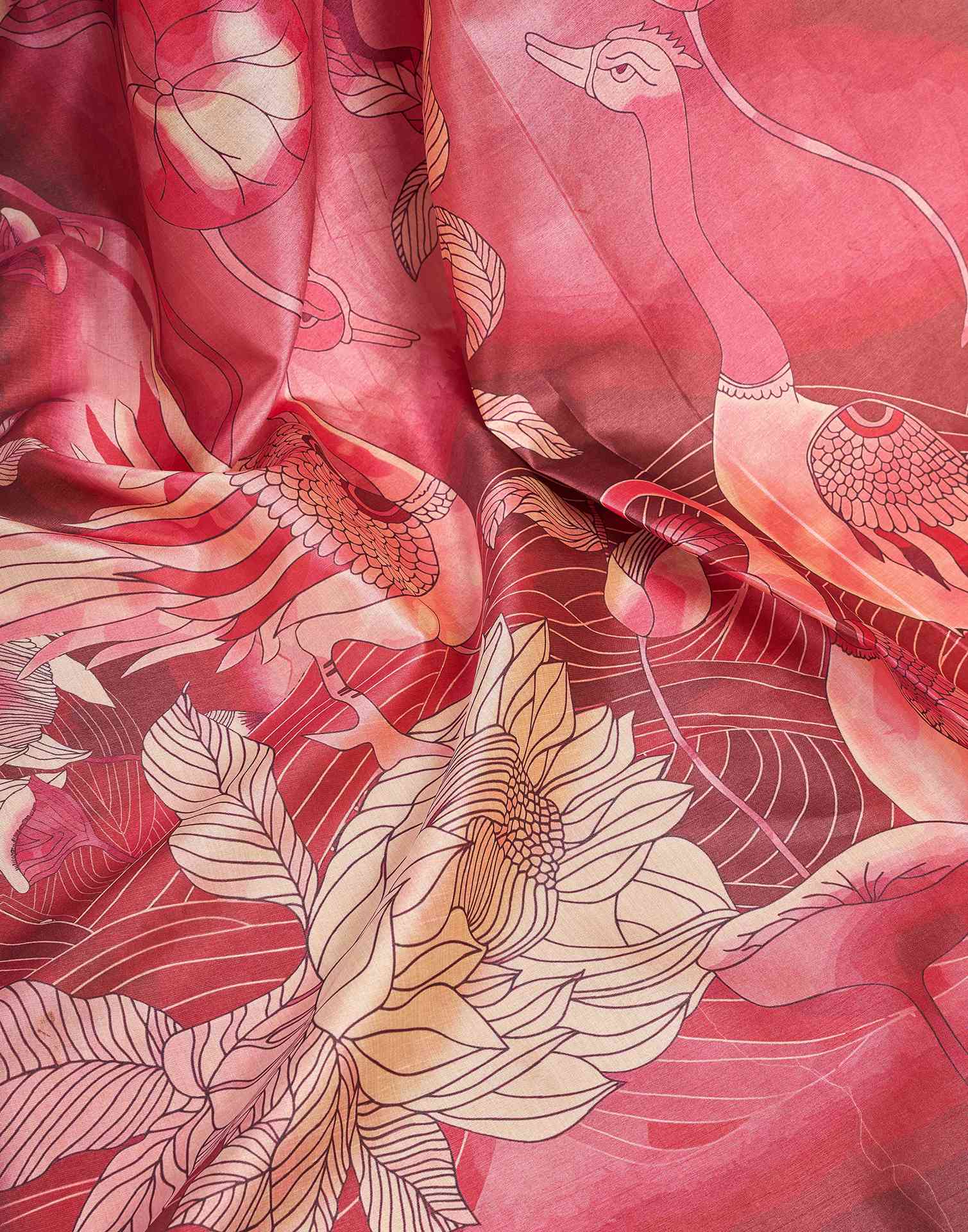 Ready To Wear Coral Pink Silk Printed Saree