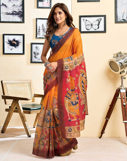 Ready To Wear Orange Linen Printed Saree