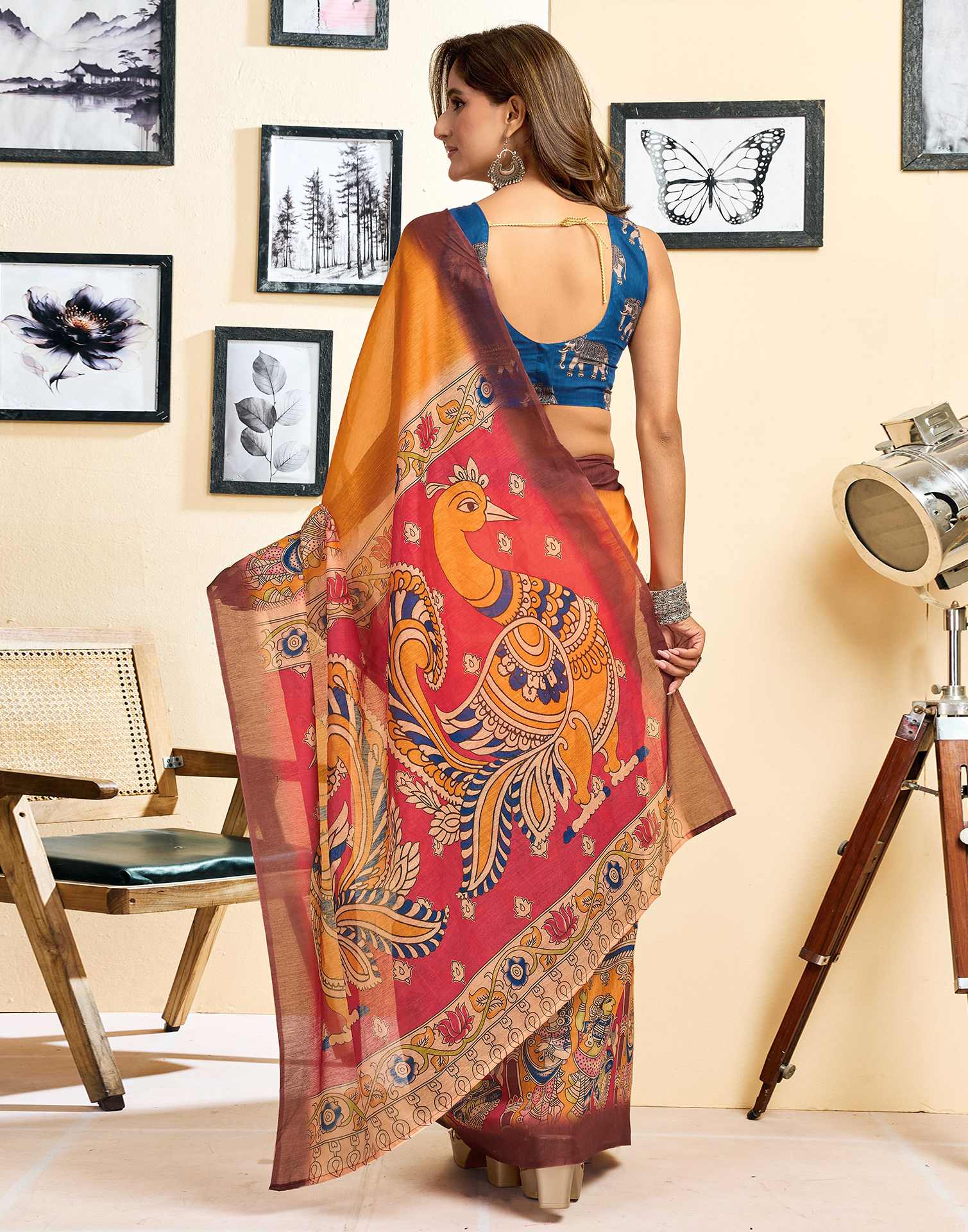 Ready To Wear Orange Linen Printed Saree