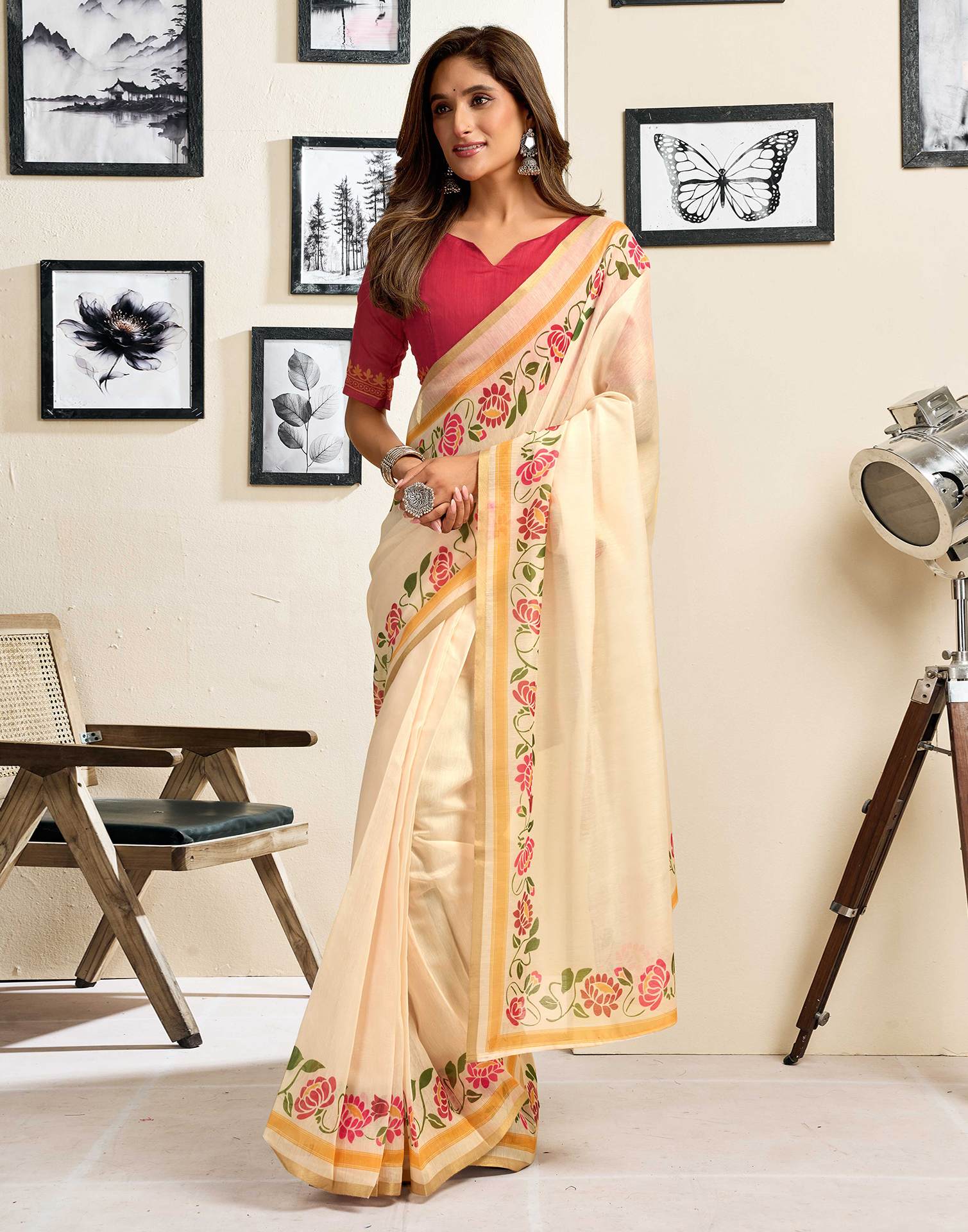 Ready To Wear Cream Linen Printed Saree