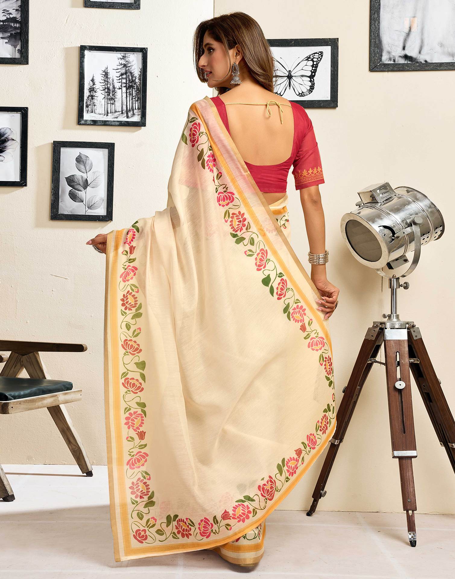 Ready To Wear Cream Linen Printed Saree