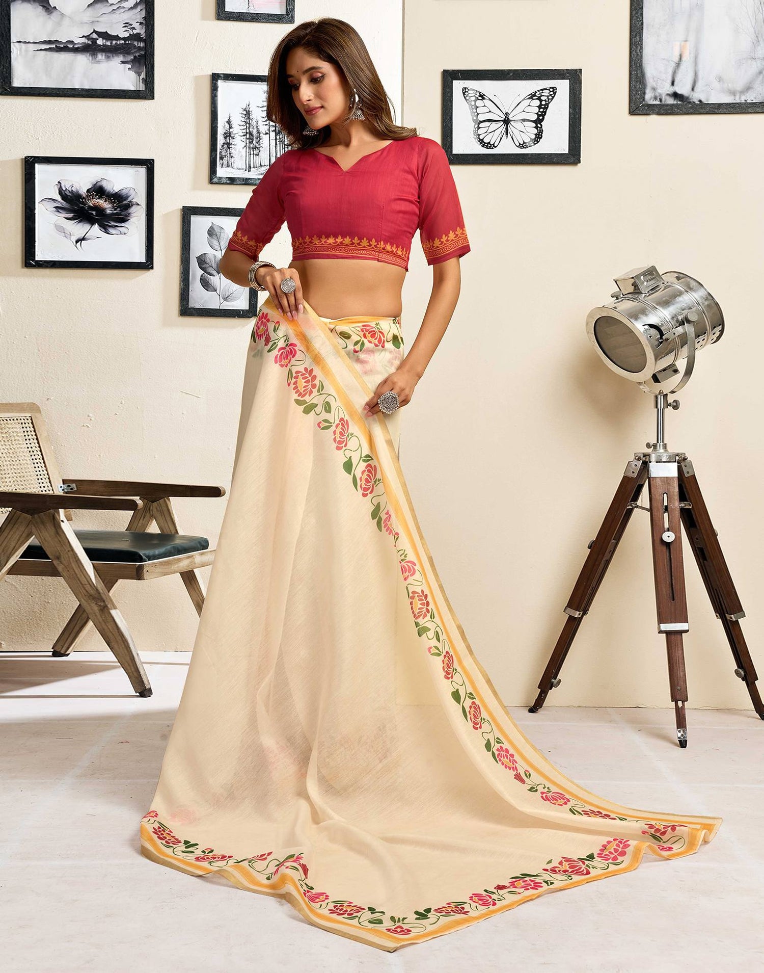 Ready To Wear Cream Linen Printed Saree