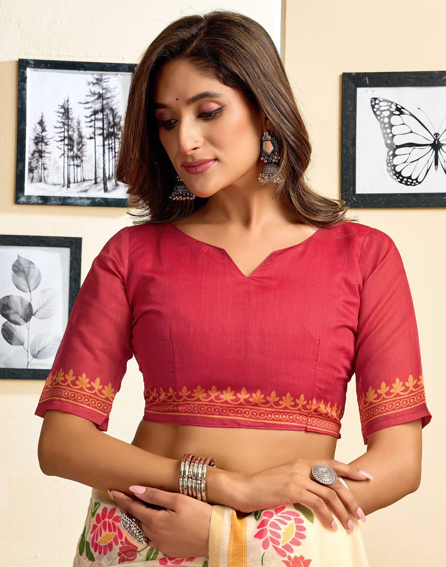 Ready To Wear Cream Linen Printed Saree