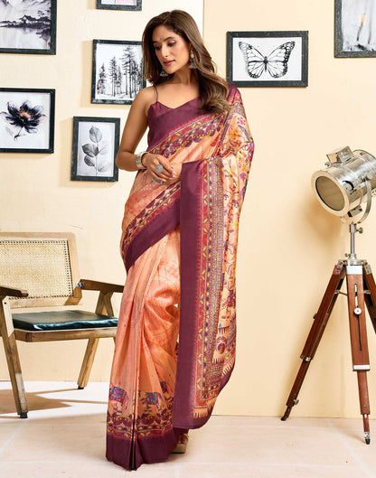 Ready To Wear Peach Silk Printed Saree