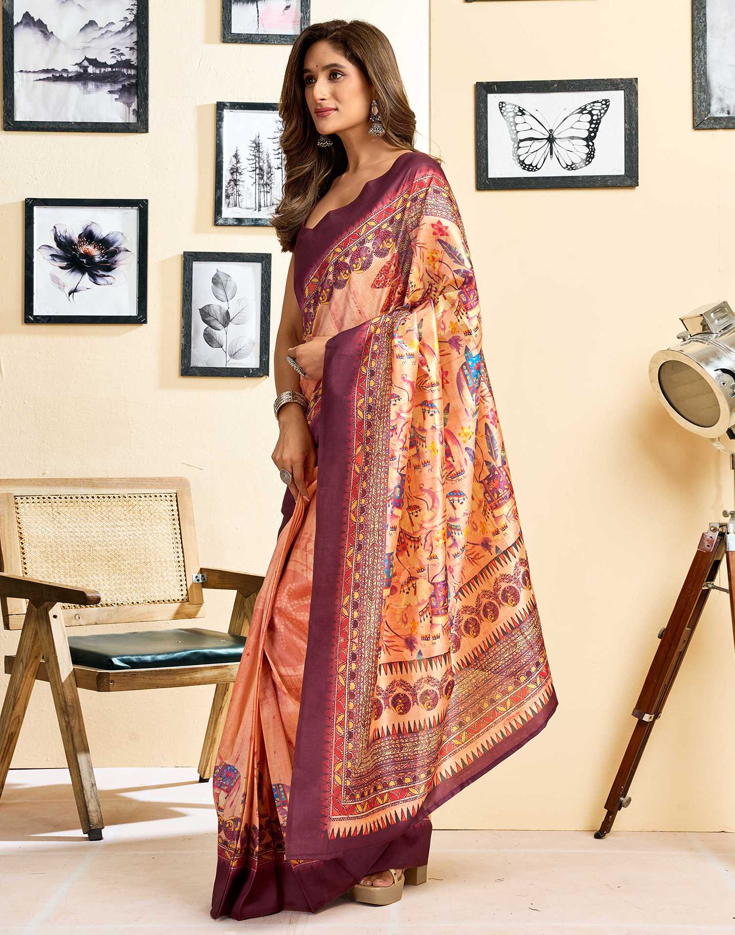 Ready To Wear Peach Silk Printed Saree