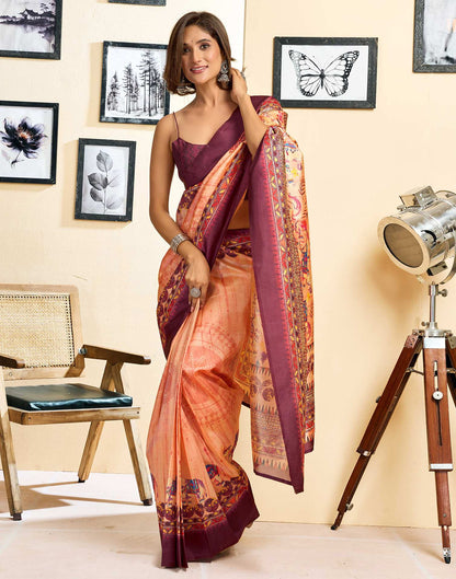Ready To Wear Peach Silk Printed Saree