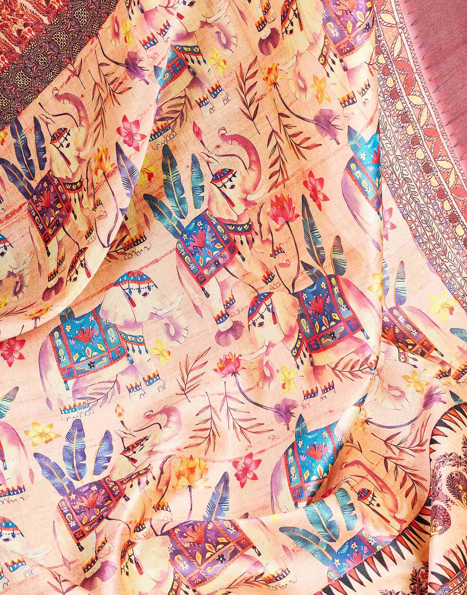 Ready To Wear Peach Silk Printed Saree