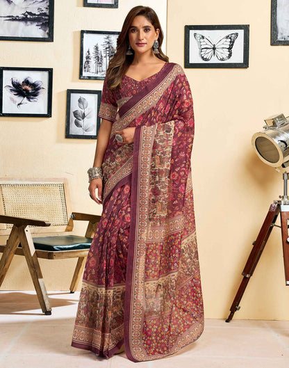 Ready To Wear Dusty Wine Linen Floral Printed Saree