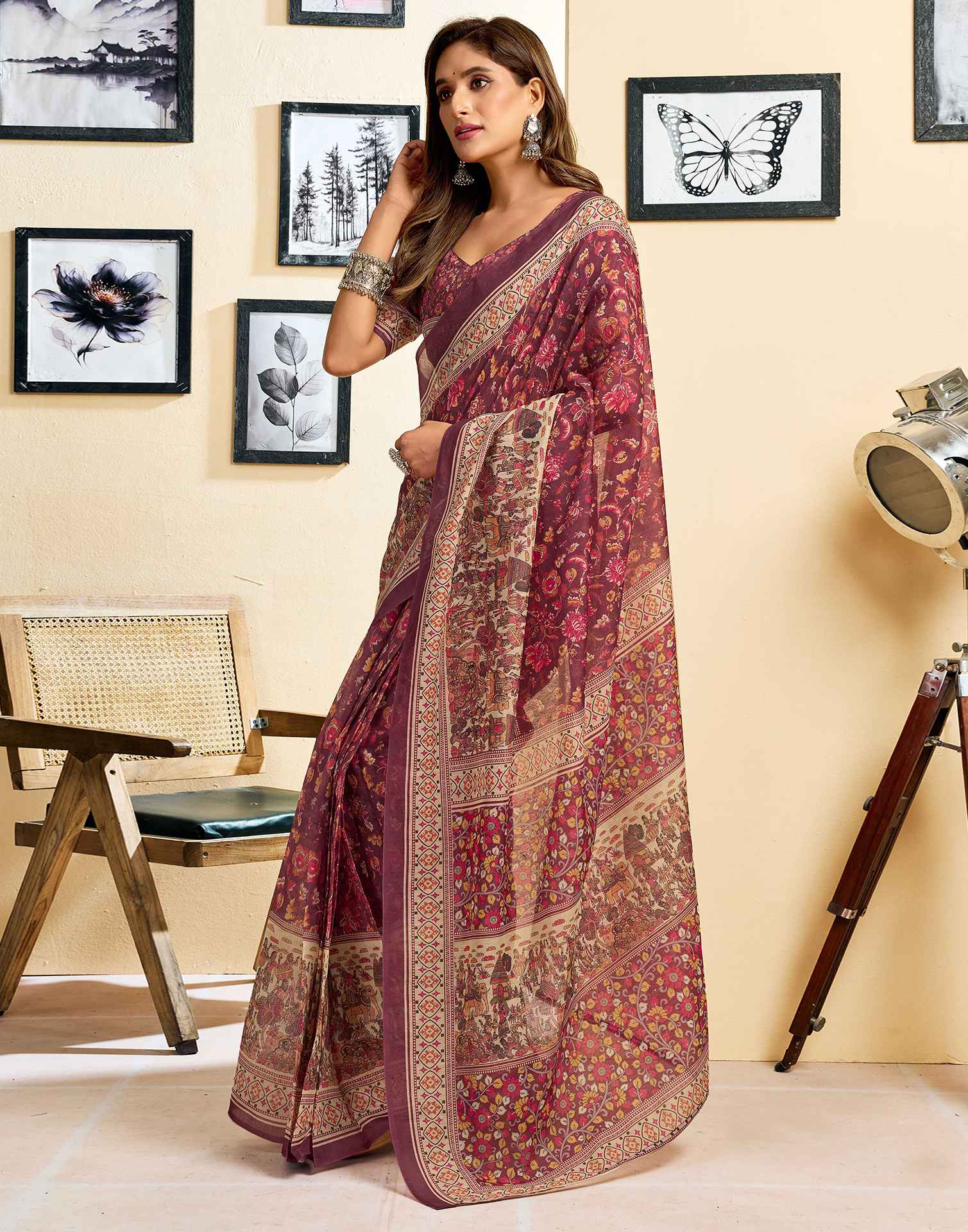 Ready To Wear Dusty Wine Linen Floral Printed Saree