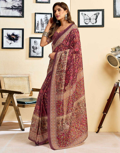 Ready To Wear Dusty Wine Linen Floral Printed Saree
