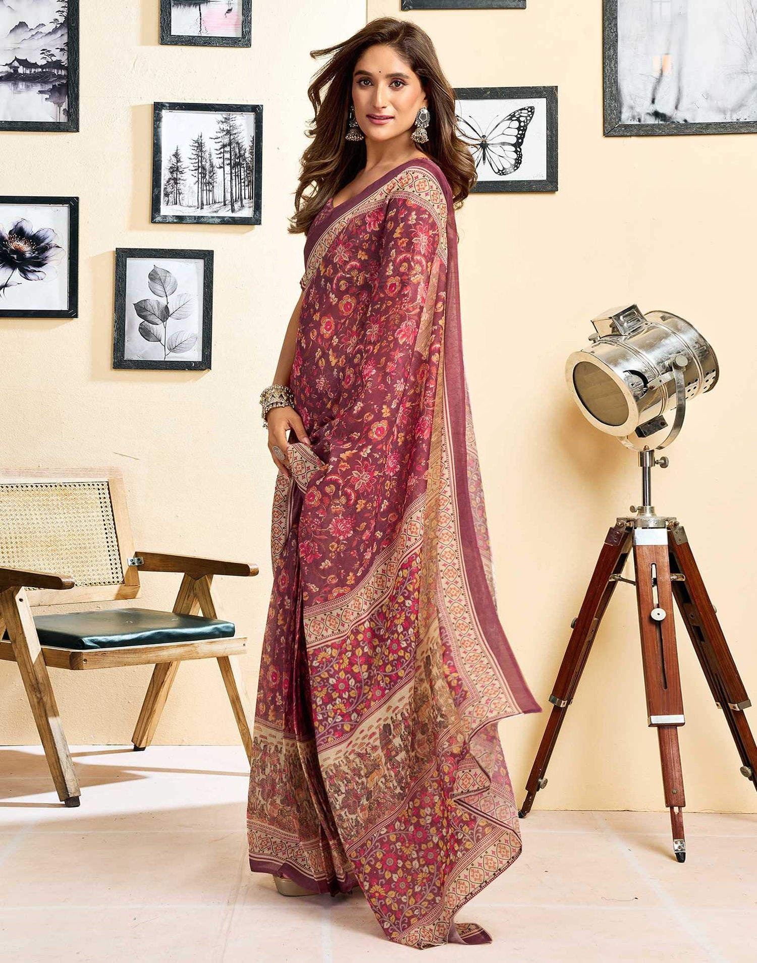 Ready To Wear Dusty Wine Linen Floral Printed Saree