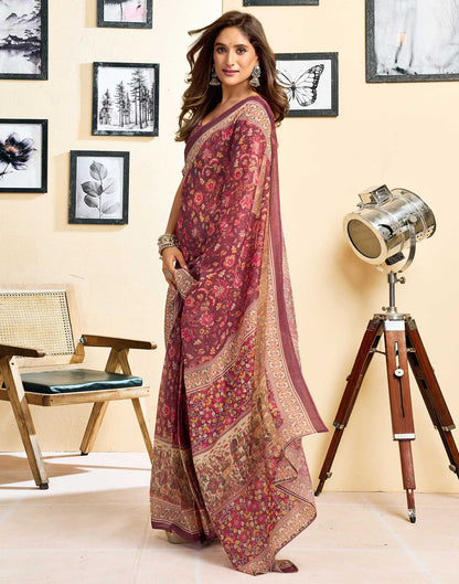 Ready To Wear Dusty Wine Linen Floral Printed Saree