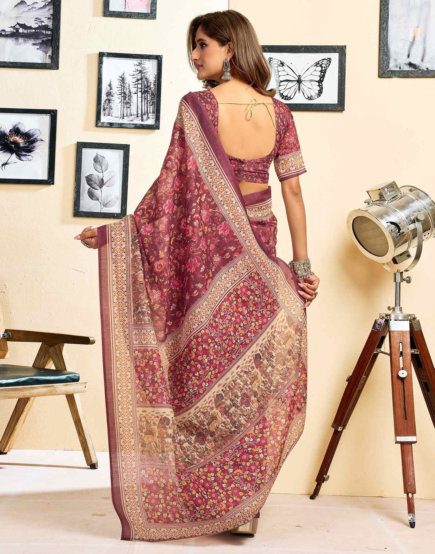 Ready To Wear Dusty Wine Linen Floral Printed Saree