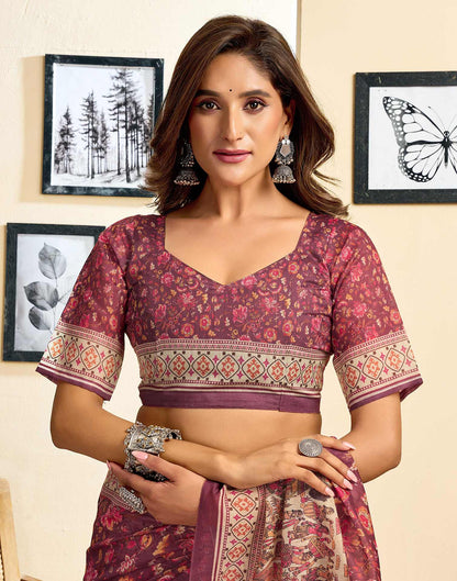 Ready To Wear Dusty Wine Linen Floral Printed Saree