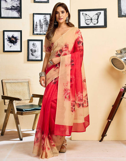 Ready To Wear Red Linen Floral Printed Saree