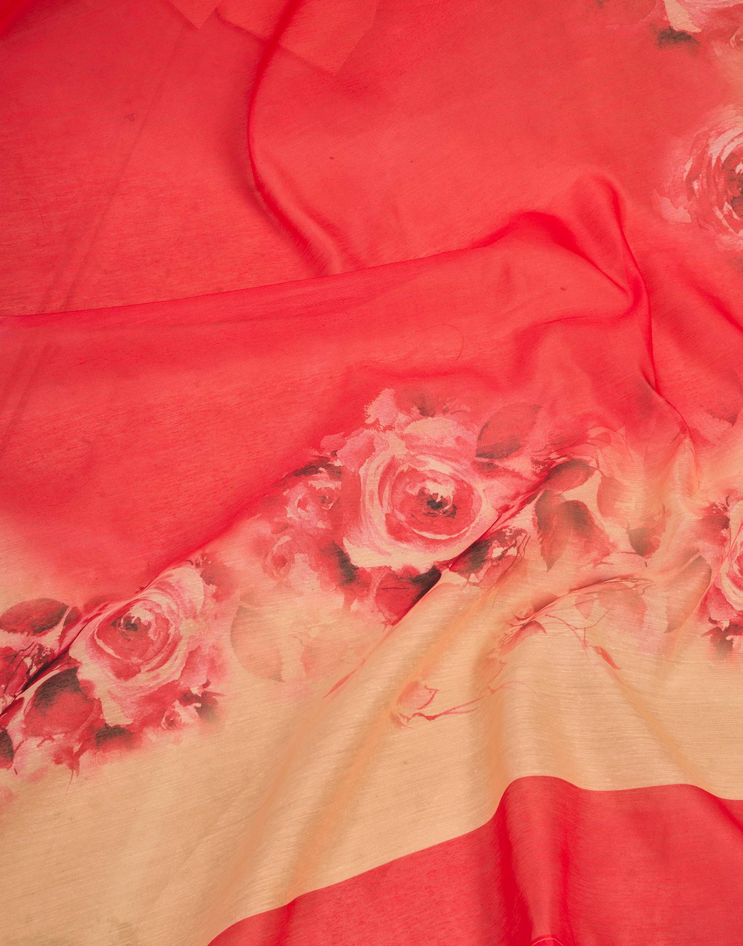 Ready To Wear Red Linen Floral Printed Saree