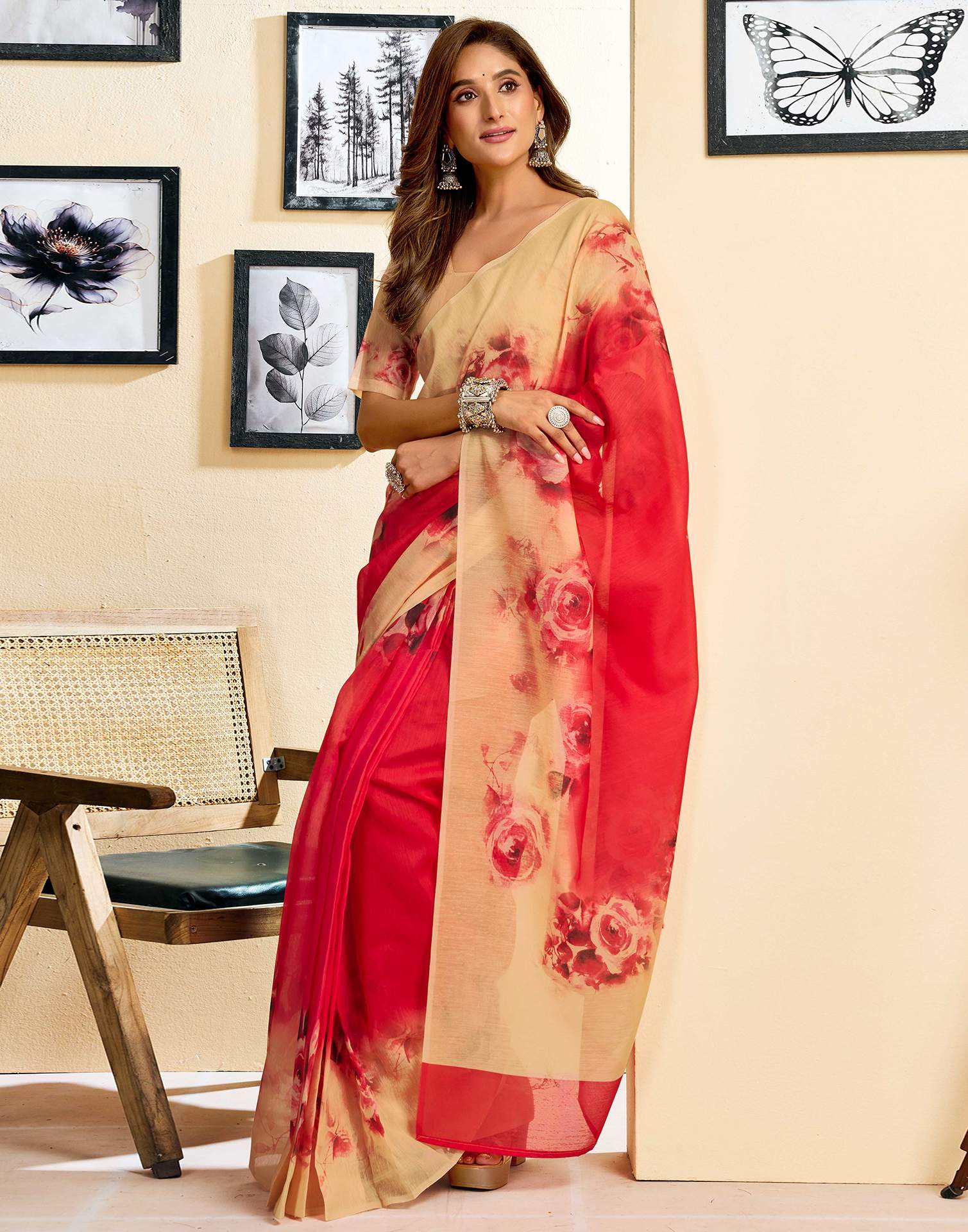 Ready To Wear Red Linen Floral Printed Saree