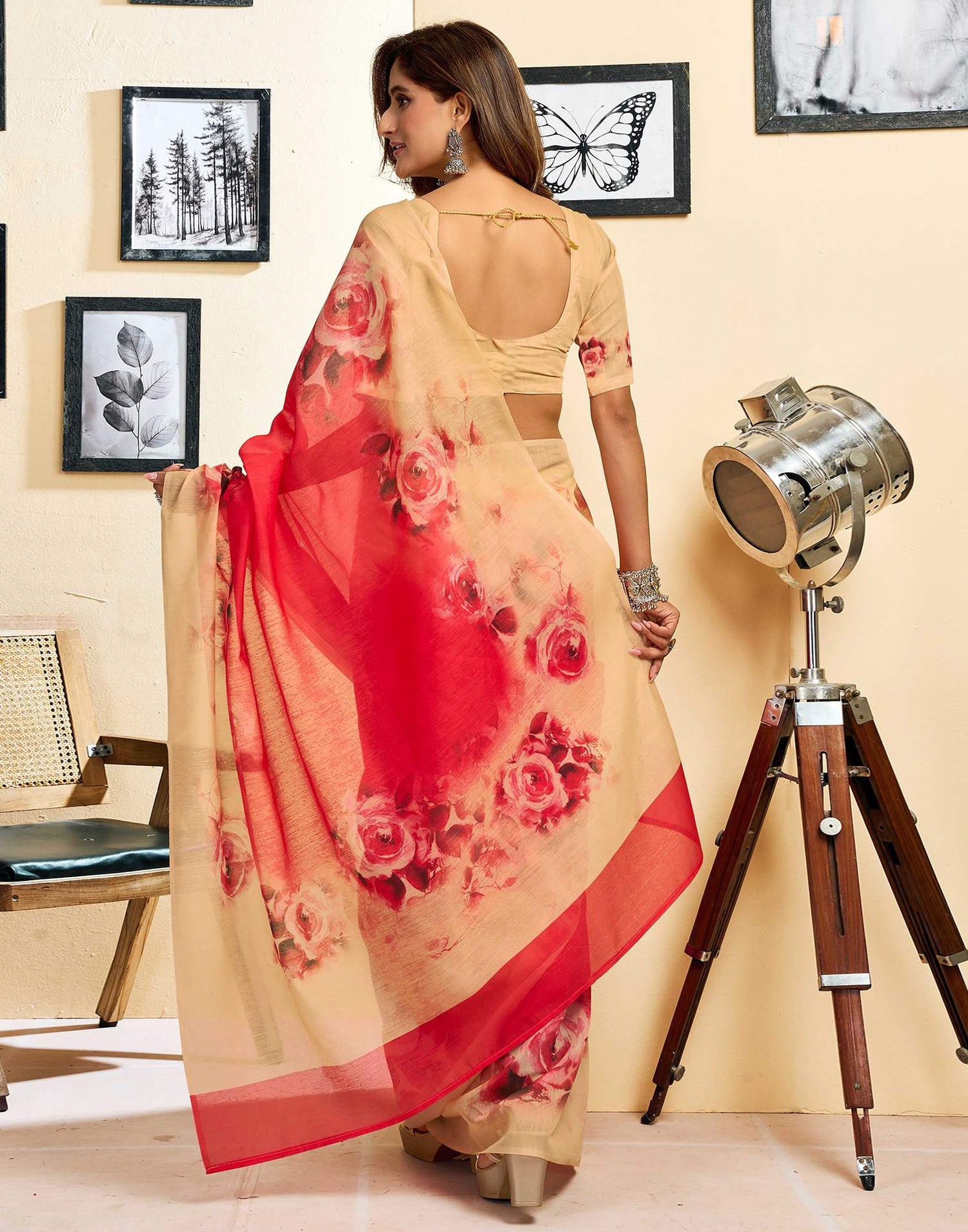 Ready To Wear Red Linen Floral Printed Saree
