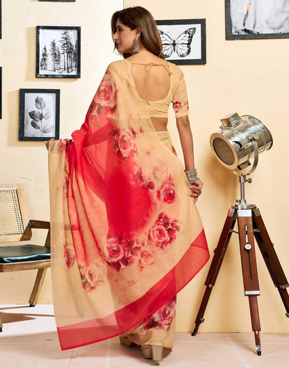 Ready To Wear Red Linen Floral Printed Saree