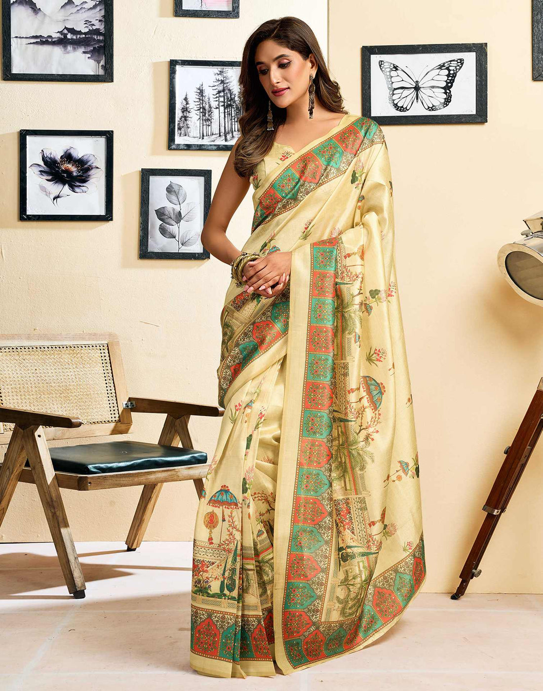 Ready To Wear Dark Beige Silk Printed Saree