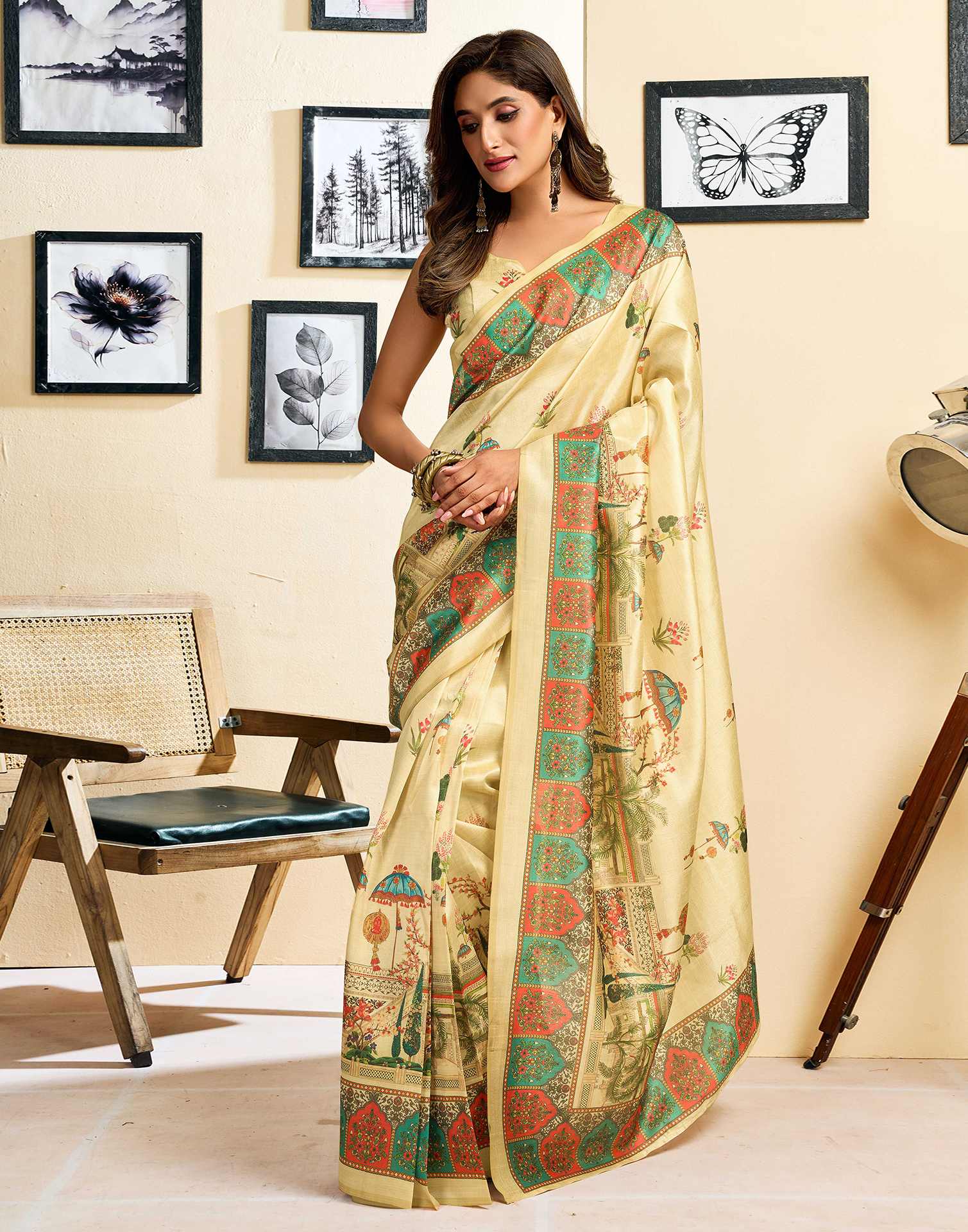 Ready To Wear Dark Beige Silk Printed Saree