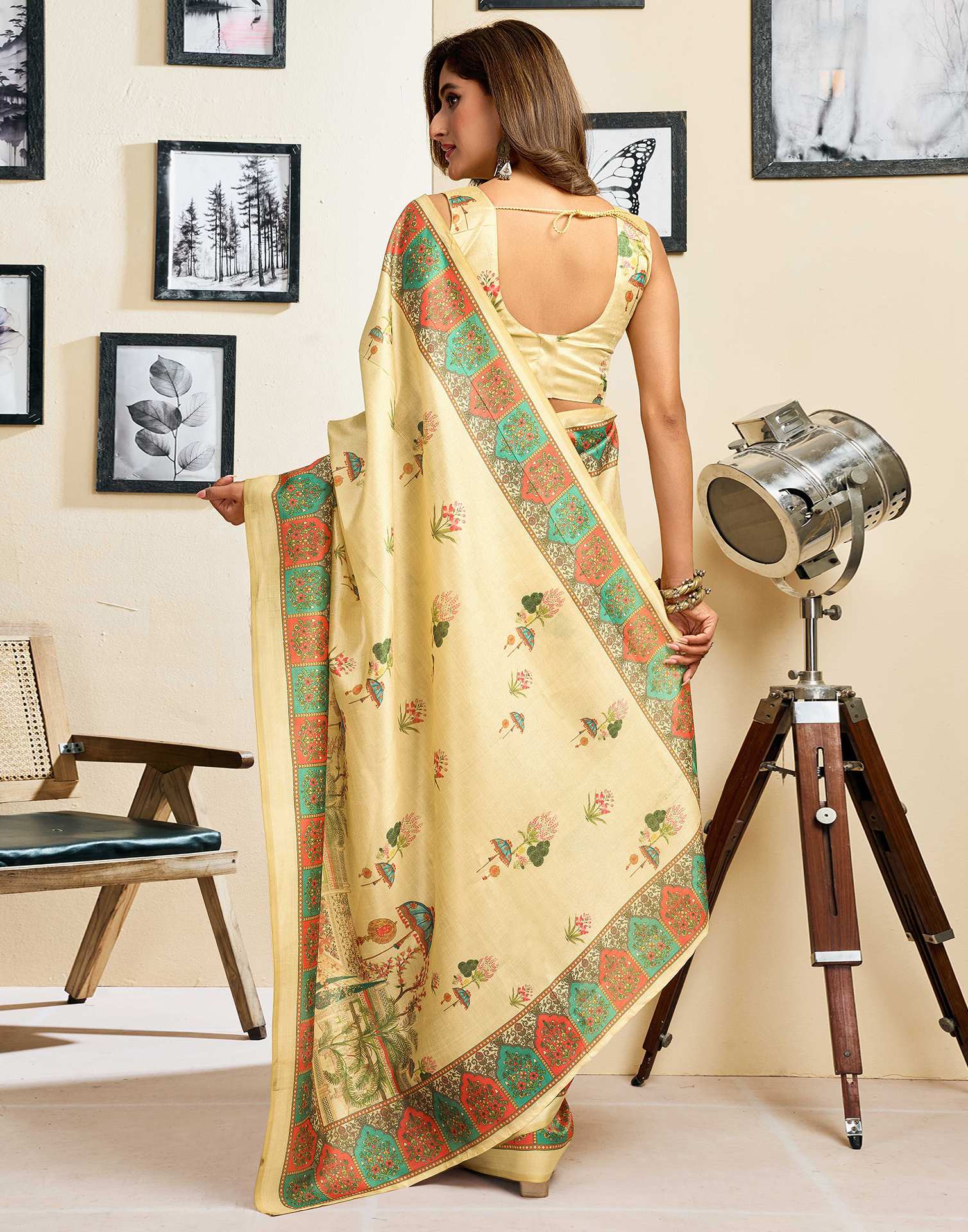 Ready To Wear Dark Beige Silk Printed Saree
