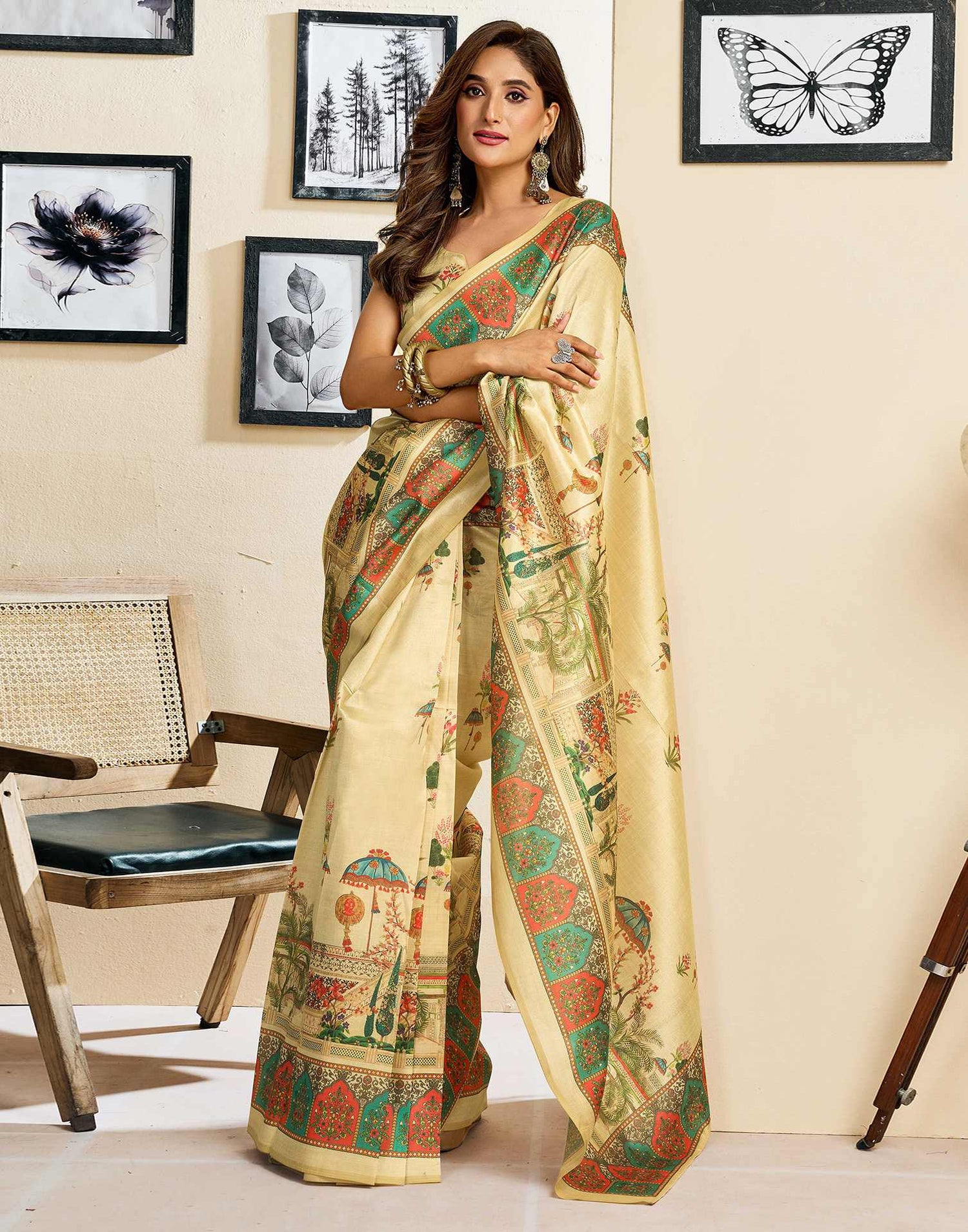 Ready To Wear Dark Beige Silk Printed Saree