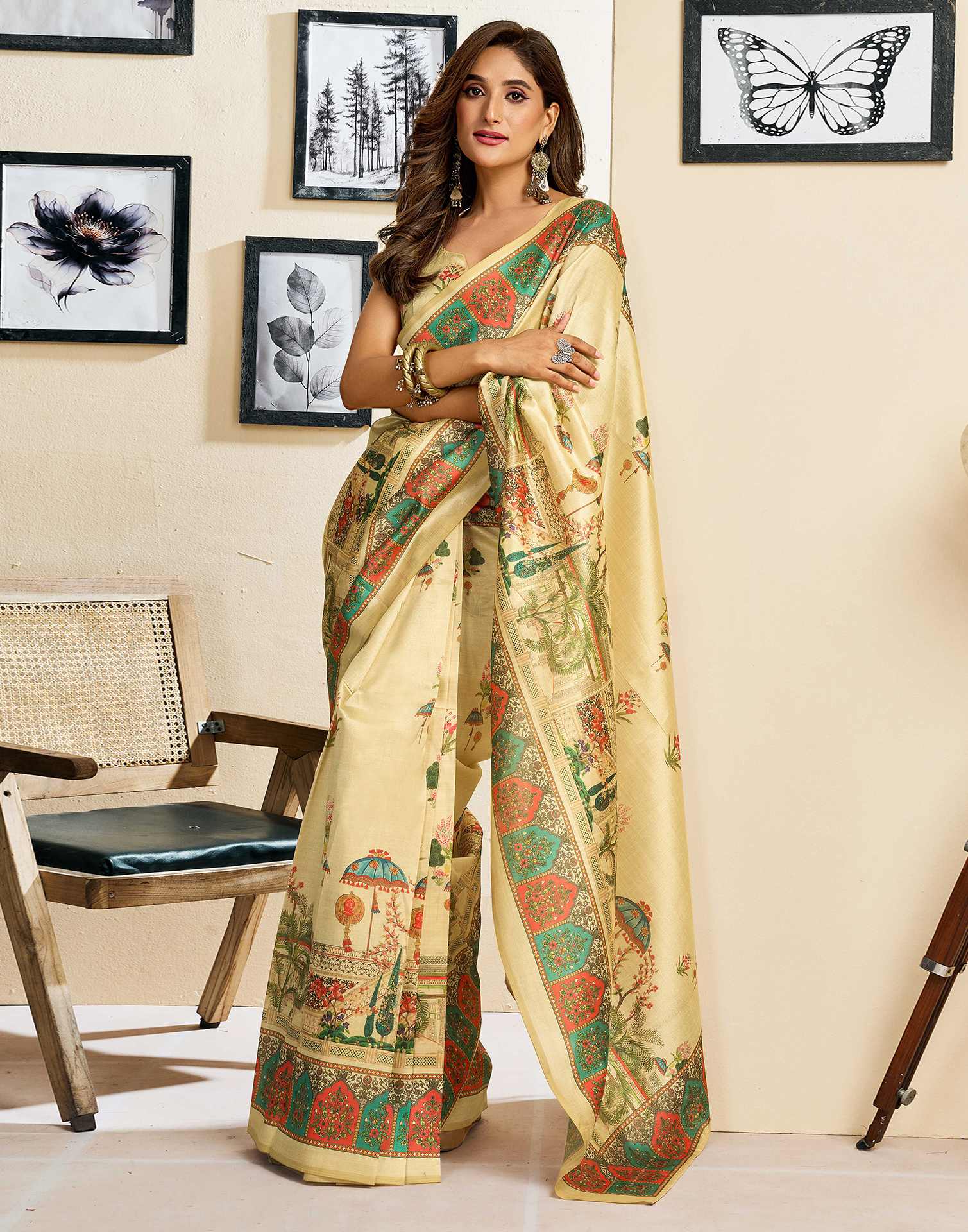 Ready To Wear Dark Beige Silk Printed Saree